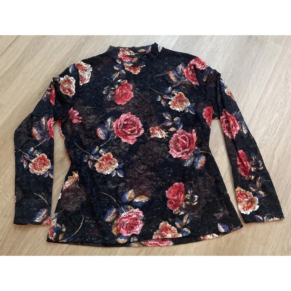 Lace Top Black w/Roses Women's Size Large Long Sleeve
